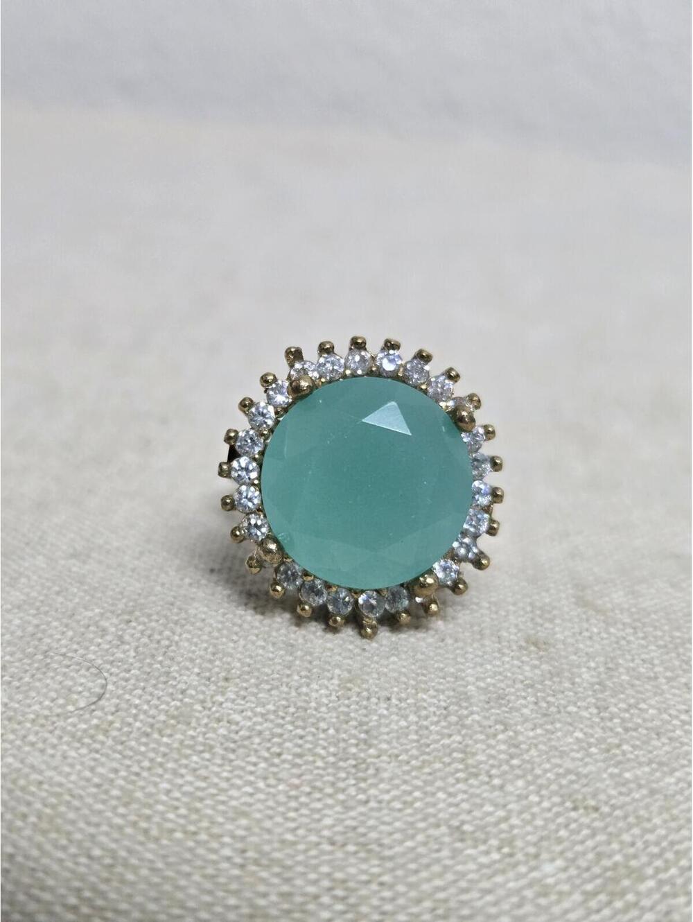 Vintage Silver Tone Aqua Chalcedony Sunburst Halo Statement Cocktail Ring 9.25